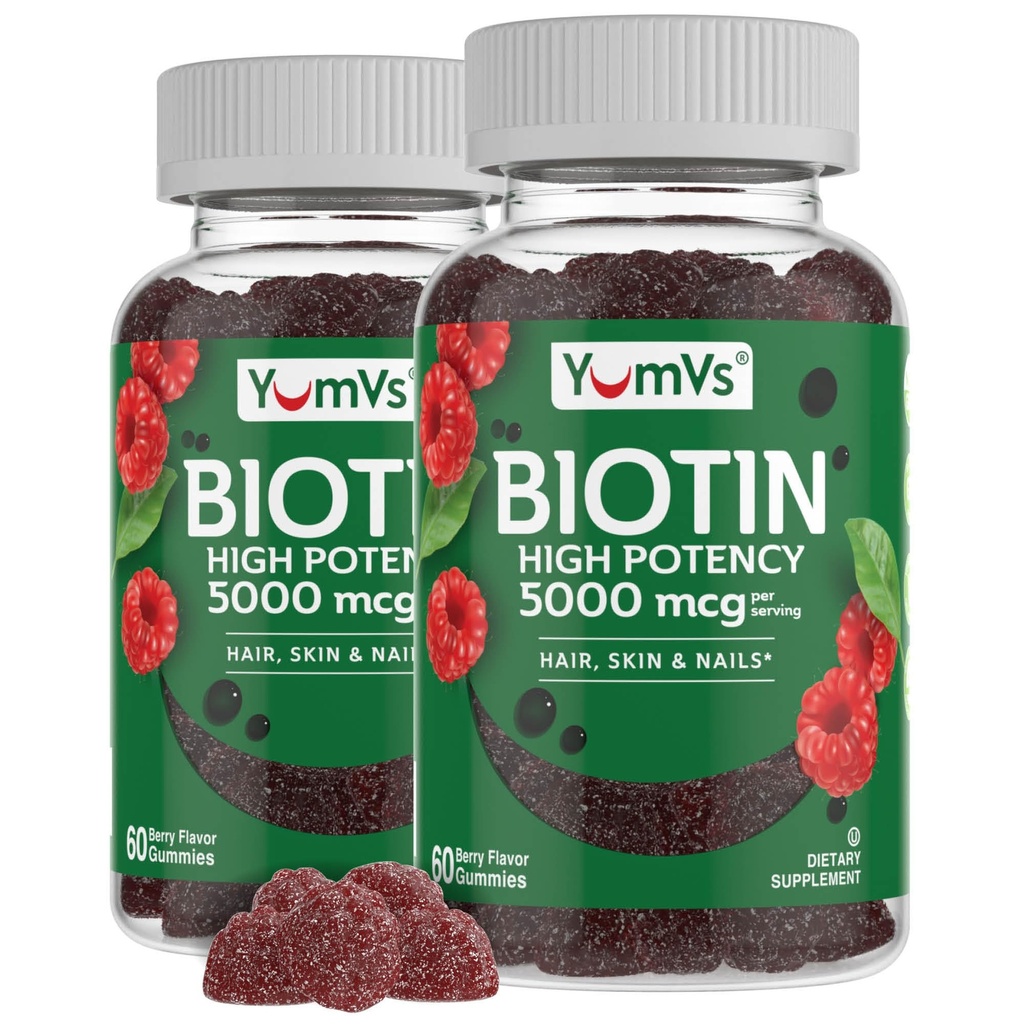 YumVs Biotin Gummies 5000mcg - Luscious Raspberry Flavor - Thicker Faster Hair Growth Gummies for Women or Men - Hair, Skin & Nails Vitaminas - Hair Gummy - Vegetarian Biotin Supplement (60 Ct., 2pk)