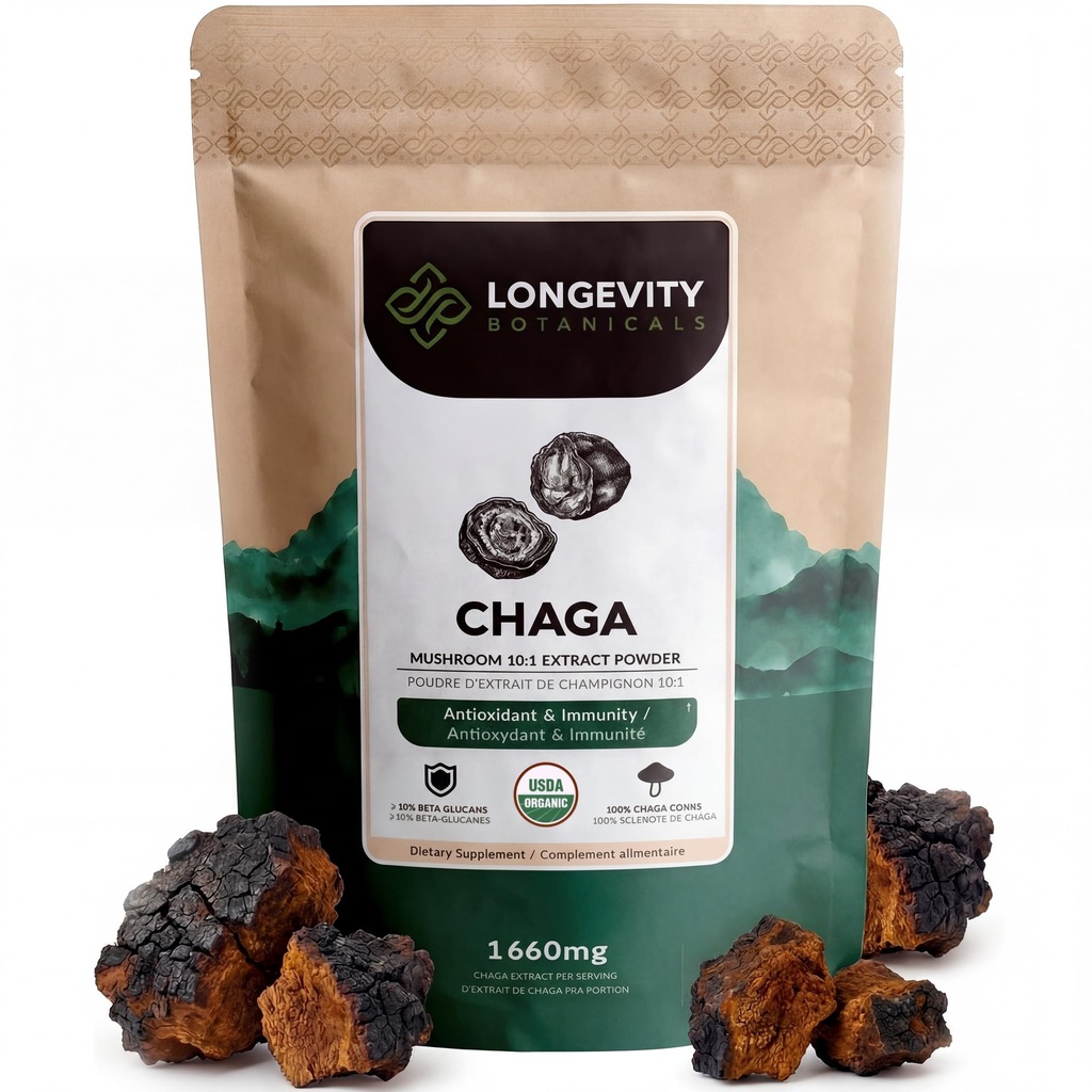 Longevity Botanicals Orgánica Chaga Mushroom Extracto Powder 100g ← Concentrado 10:1 Ratio tención 100% Cuerpos Frutas Silencio Inotus Obliquus Suplemento Natural para Función Inmunitaria, Antioxidantes " Vitalidad