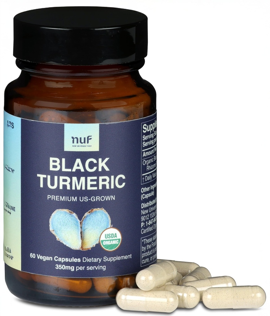 NUF- Turmeric Negra Orgánica 350mg Capsules Veganos Root- US Grown- Gluten Gratis - Soporte Conjunto No GMO- - Respuesta Inflamatoria Saludable - Función adecuada de inmunodeficiencia