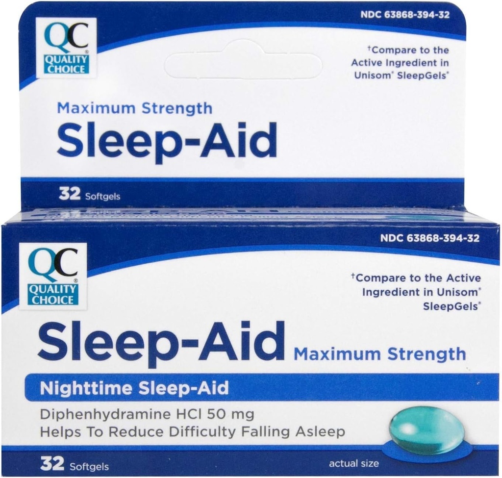 Opciones de calidad Max Strength Sleep Aid, Nighttime Sleep Aid Diphenhydramine HCI 50 mg, Non Habit Forming for Occasional Sleeplessness, Easy to Swallow Softgels, 32 Cuenta Bottle