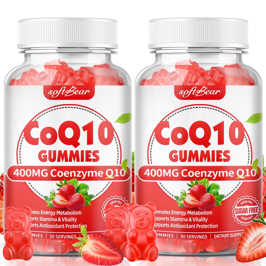 softbear CoQ10 Gummies 400mg Coenzyme Q10 Suplemento para adultos, alta absorción coq10 Plus Omega-3, Magnesio, Vitamina B3 &amp; Zinc para energía celular & Antioxidante, sabor a fresa 120 Conde