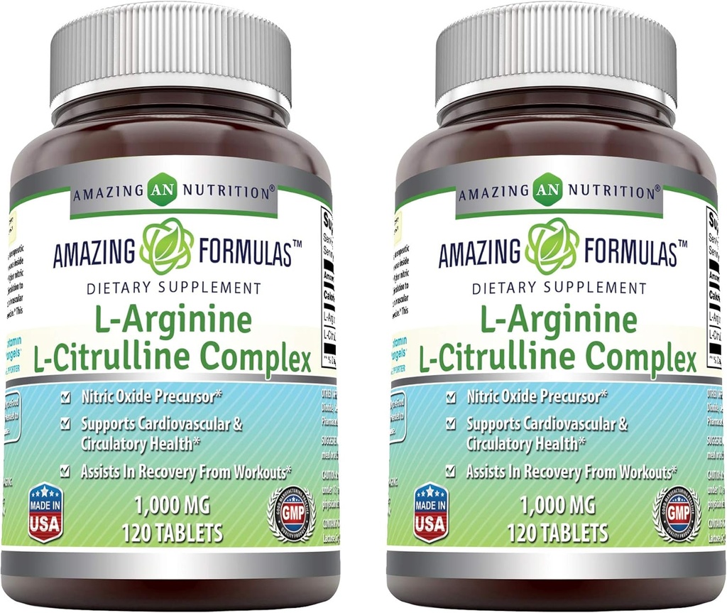 Fórmulas increíbles L-Arginina/L-Citrulline Complejo 1000mg Tablets Suplemento No-GMO Silencio Gluten Gratis Silencio Hecho en EE.UU. (120 Conde Silencio 2 Pack)