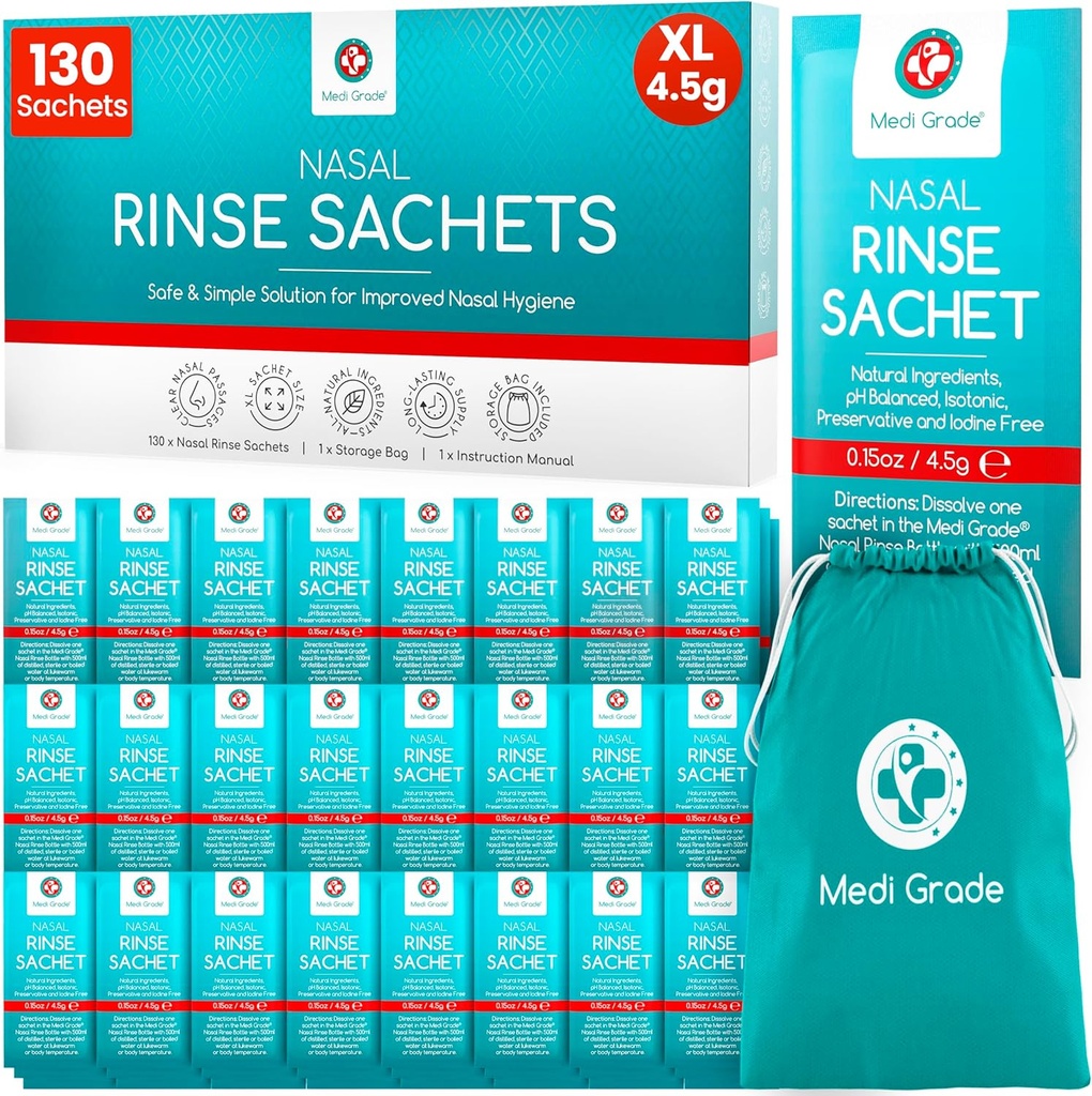 Medi Grade Sinus Rinse Packets – Nasal Rinse Essentials Kit of 130 x Salt Packets and Convenient Storage Bag - Enjoy Effortless Nasal Irrigation at Home or On The Go with Our Neti Pot Salt Packets