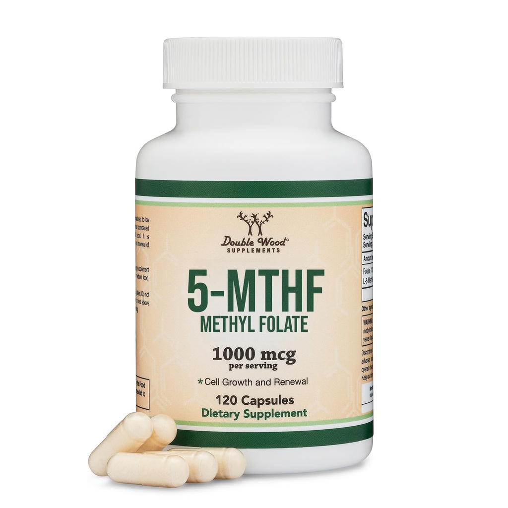Methylfolate 1,000mcg, 120 Capsules (Suplemento de Folato de Metil Probado por Tercera Parte) El Folato Metilado es una forma más activa de ácido fólico que el ácido fólico (No-GMO, Vegan Safe) de madera doble