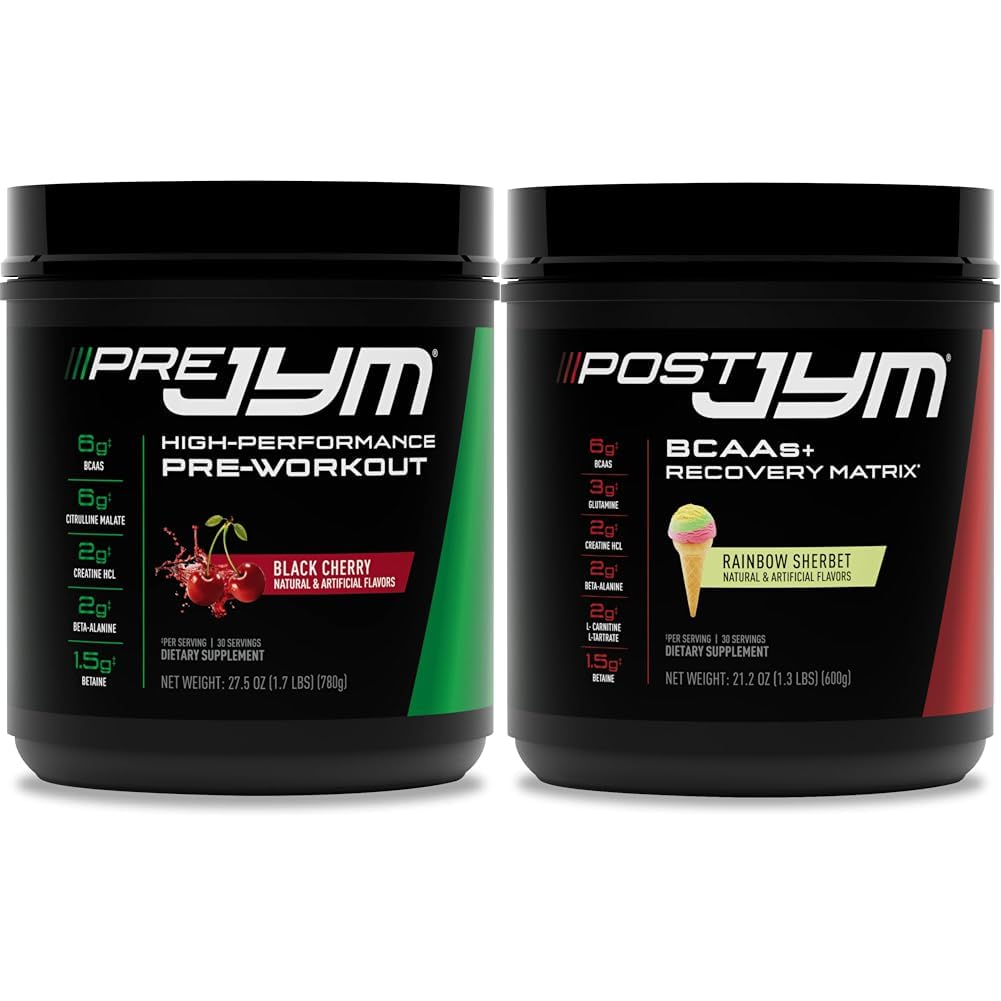 PRE JYM 30 Black Cherry &amp; Post JYM Rainbow Sherbert Post-Workout 30 Servings Muscle Recovery Drink