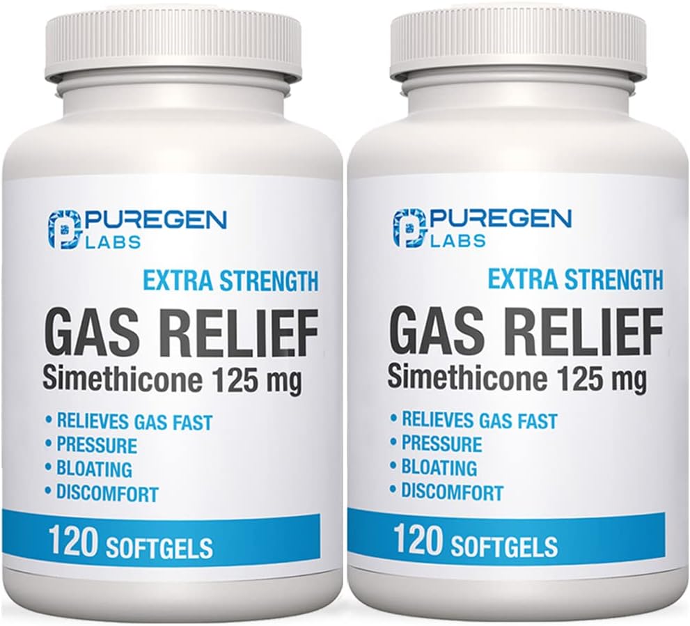 P Puregen Labs Extra Strength Gas Relief Softgels with Simethicone 125 mg tóxico Fast Relieve of Pressure, Bloating and Painful Discomfort – 2 Pack ← Total 240 Softgels