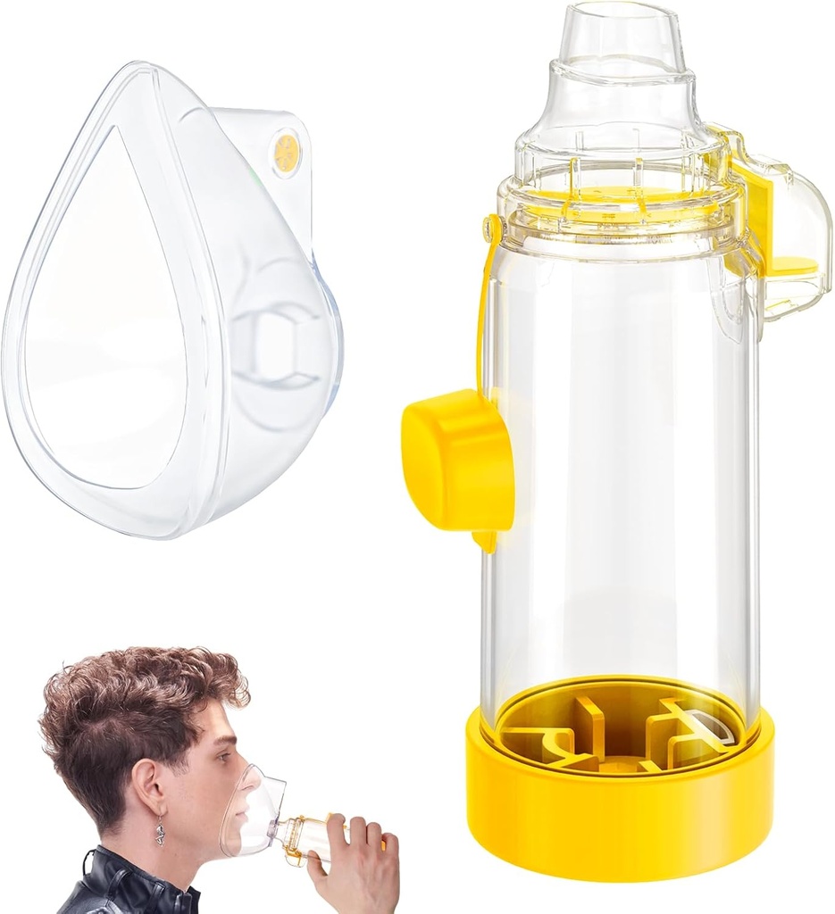 Espaciador de inhaladores de mano para bebés, niños y adultos - Antiestático - Diseño portátil para el hogar, la escuela y el viaje - suave máscara de silicona - Nessi OTC espaciador - fácil de limpiar (Adulto amarillo)