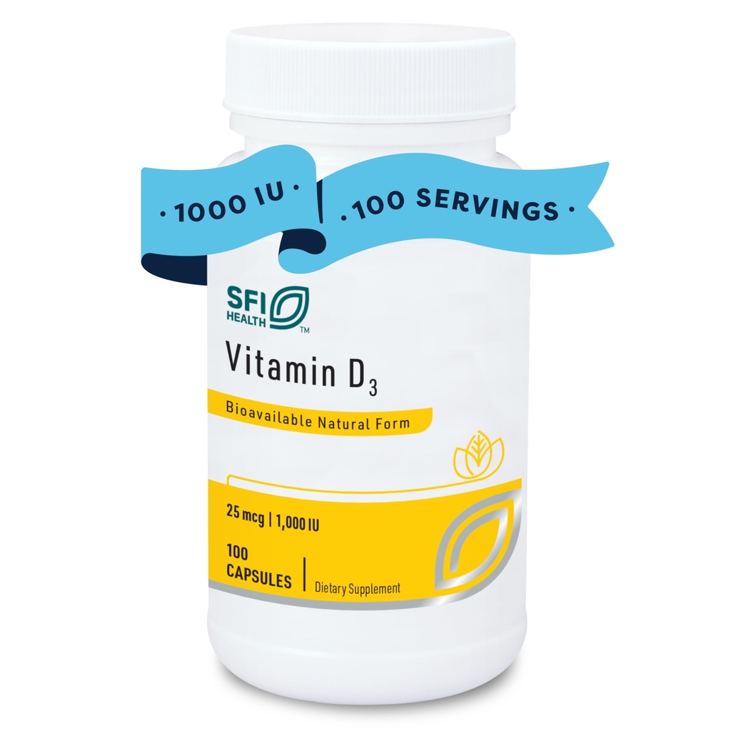 Klaire Labs SFI Health Vitamin D3 1000 IU - High Potency 25 Micrograms, Hypoallergenic Bone & Immune Support (100 cápsulas)