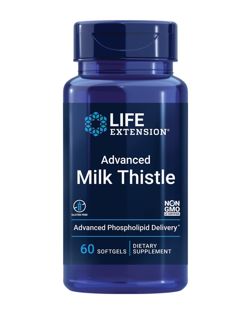Extensión de la vida Advanced Milk Thistle, silymarin, silybin, fosfolipids, Promotes Healthy Liver Function, Gluten-Free, Non-GMO, 60 softgels