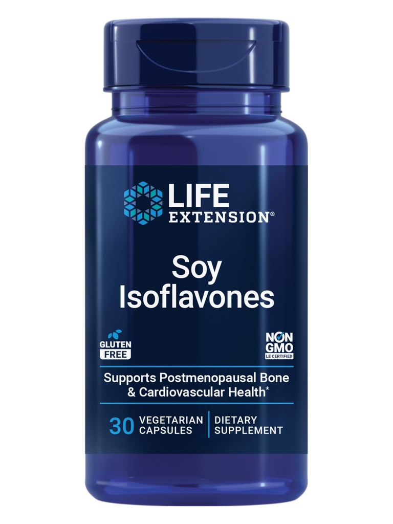 Extensión de la vida Soy Isoflavones, Corazón, Bone & Cellular Health Support for Post-menopausal Women, Gluten-Free, Non-GMO, Vegetarian, 30 Capsules