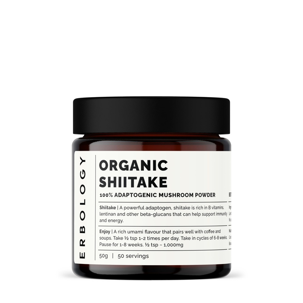 Erbology Organic Shiitake Mushroom Powder 50 Servings - 11% Beta-glucans - Inmunity and Energy - Lentinula edodes - Batch pequeño - Crecido sosteniblemente en Europa - Vegan - No GMO - No se han añadido Filleres