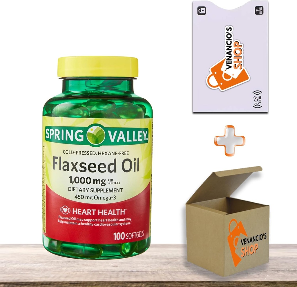Flaxseed Oil 1000 mg Softgels • Plant-Based Omega 3-6-9 • Heart & Skin Support • 100 Conde by Spring Valley + Vena’s Sticker (Pack of 1)