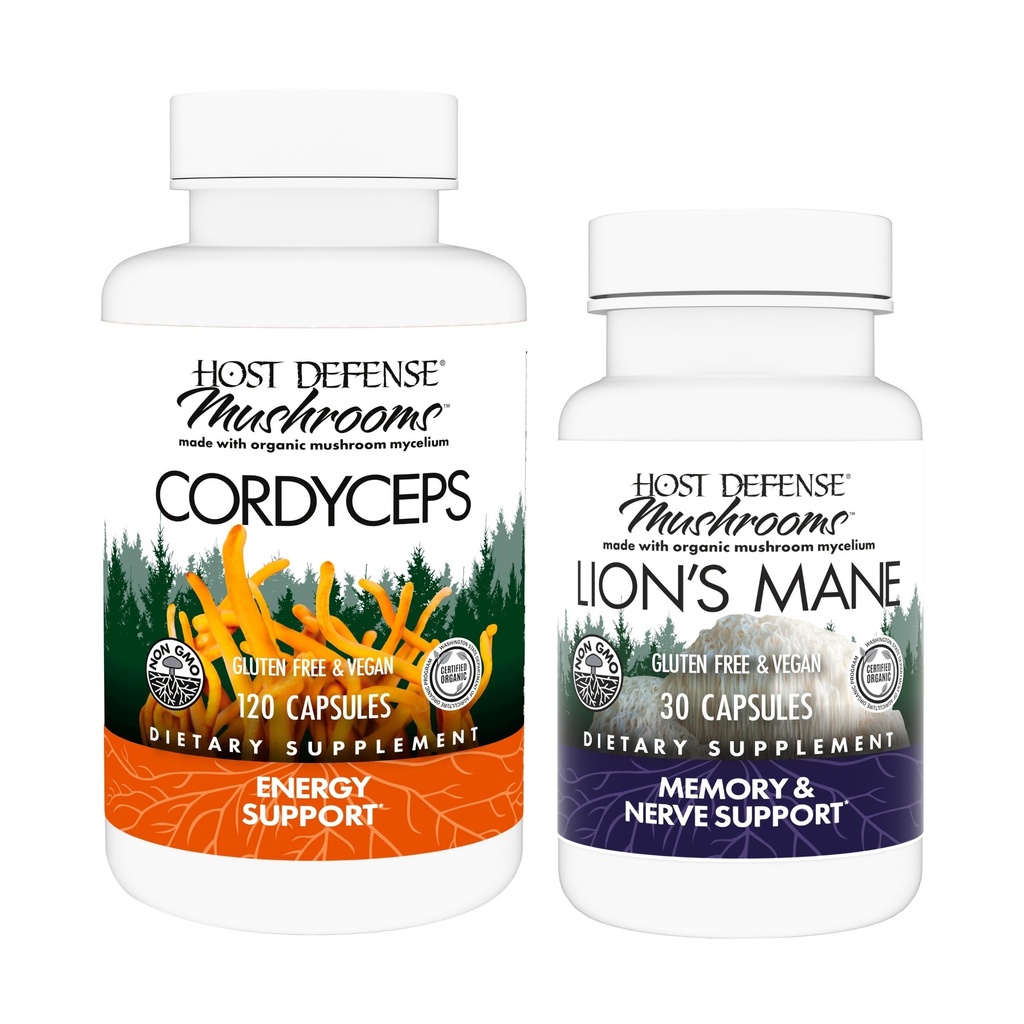 Host Defense Bundle con Cordyceps Capsules, 120 Conde &amp; Lion's Mane Capsules, 30 Conde - Apoyo Immune Health & Energy - Asistencia Brain Health, Memory & Focus*