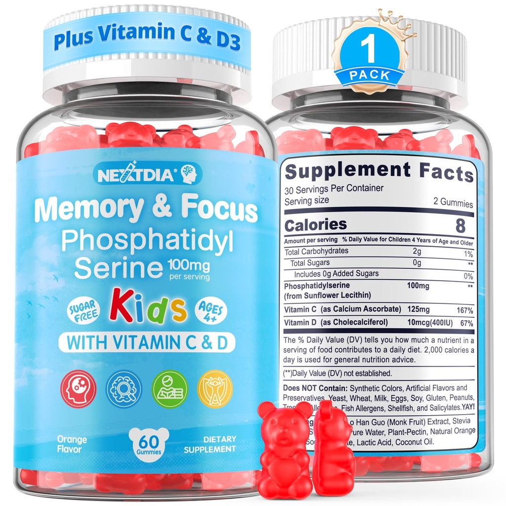 Phosphatidylserine Suplemento 100mg, Focus Gummies for Kids Teens + Vitamina C & D3 400IU, Sugar Free Kids Brain Gummies Aumentar la atención " Concentration, Chewable, Vegan, Gluten Free, Non-GMO 60Cts
