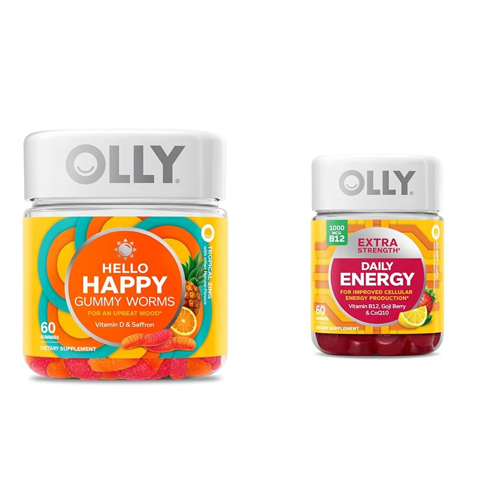 OLLY Hello Happy Gummy Worms, Mood Balance Support, Vitamina D, Saffron, Adult Chewable Suplemento &amp; Extra Strength Daily Energy Gummy, Caffeine Gratis, 1000mcg Vitamin B12, CoQ10, Goji Berry