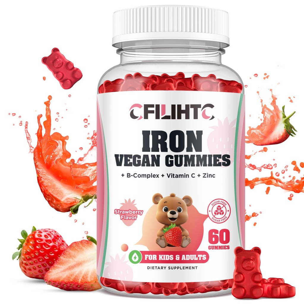 Mangas de hierro para niños, mujeres y hombres, suplemento de hierro con multivitamina - Complejo de vitamina B, C, B6, B12, Folate, zinc para la anemia, deficiencia de hierro, constructor de sangre, energía - sabor a fresa, Vegan 60ct