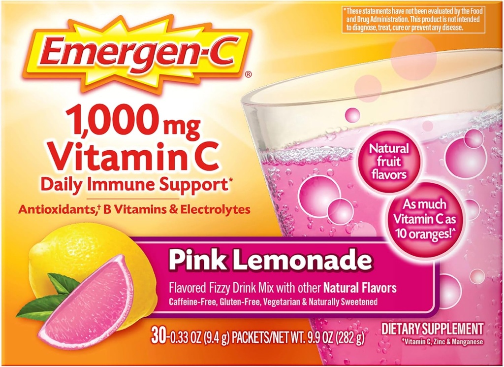 Emergen-C 1000mg Vitamina C Immune Support Powder Pink Lemonade 30CT incluye Zinc, Manganese, 7 B Vitaminas y Electrolitos para Volver a Esenciales Escolares