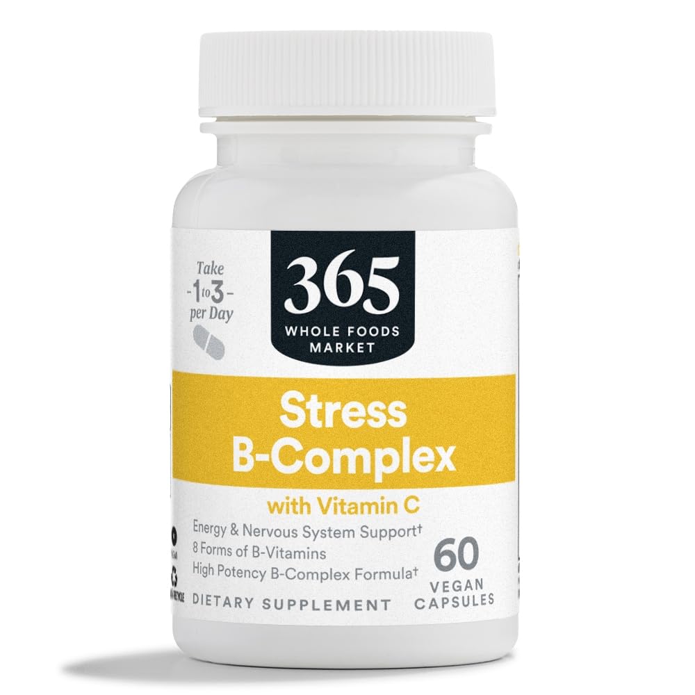 365 by Whole Foods Market, Stress B-Complex with Vitamin C, Energy &amp; Nervous System Support, Vegan, 60 cápsulas