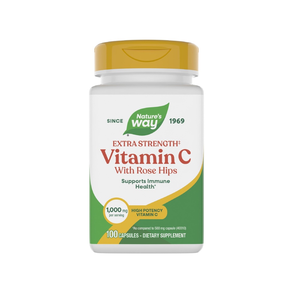 Manera de la naturaleza Extra Strength(1) Vitamina C con Rosa HIPS, apoya la salud inmune*, producción de colágeno*, vitamina C de alta potencia, 100 cápsulas (paquete mayo Vary)