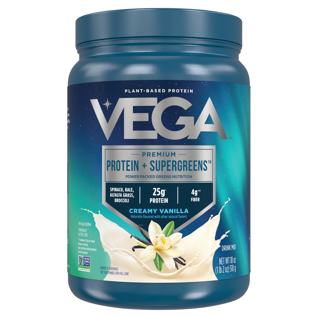 Vega Proteína y Verdes Protein Powder Creamy Vainilla (11 Servimientos) 25g Protein Plus Veggies, Vegan, No GMO, Pea Protein para Mujeres y Hombres, 1.2lbs