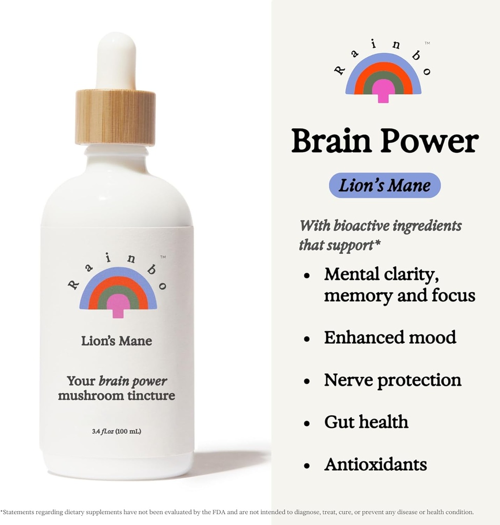 Rainbo - Mane Mushroom de León Tintura - Doble Extracto Mushroom Suplemento - Brain Support, Focus, Memory, Liquid Lion's Mane Supplement, Vegan, Non GMO, 3.4 fl oz