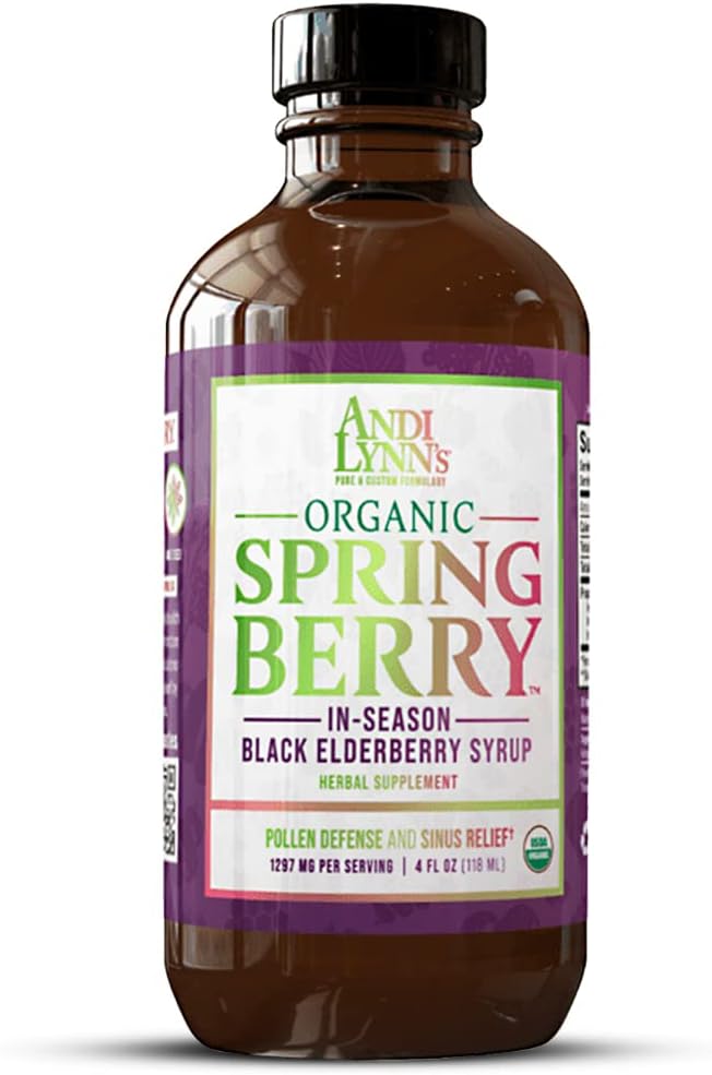 El SpringBerry de Andi Lynn, Orgánica Black Elderberry Syrup, Defensa de Pollen " Sinus Relief for Seasonal Allergies, Herbal Immune Support Supplement for Kids " Adults, 4 oz
