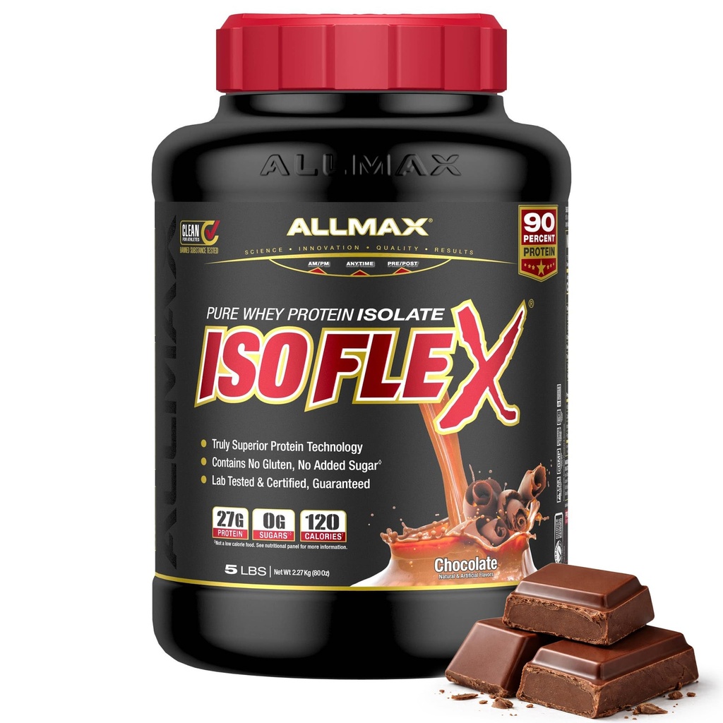 ALLMAX Nutrition - ISOFLEX Whey Protein Powder, Whey Protein Isolate, 27g Protein, Chocolate, 5 libras