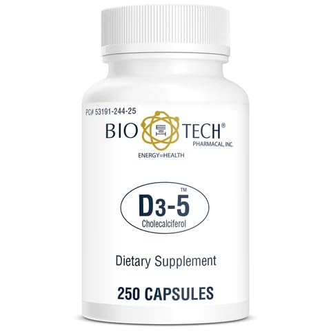Bio-Tech Pharmacal D3-5 (5000 UI), 250 cápsulas – suplemento natural – apoya la salud ósea e inmunitaria – sin lácteos, peces, gluten, maní, pez Shellfish, &amp; Soy – No hay colores artificiales