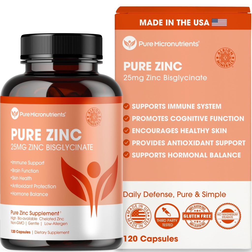 Suplemento puro de zinc 25mg - TRAACS Bisglycinate Chelate - 120 cápsulas para el soporte de inmuno, la salud de la piel y la energía - para hombres y mujeres