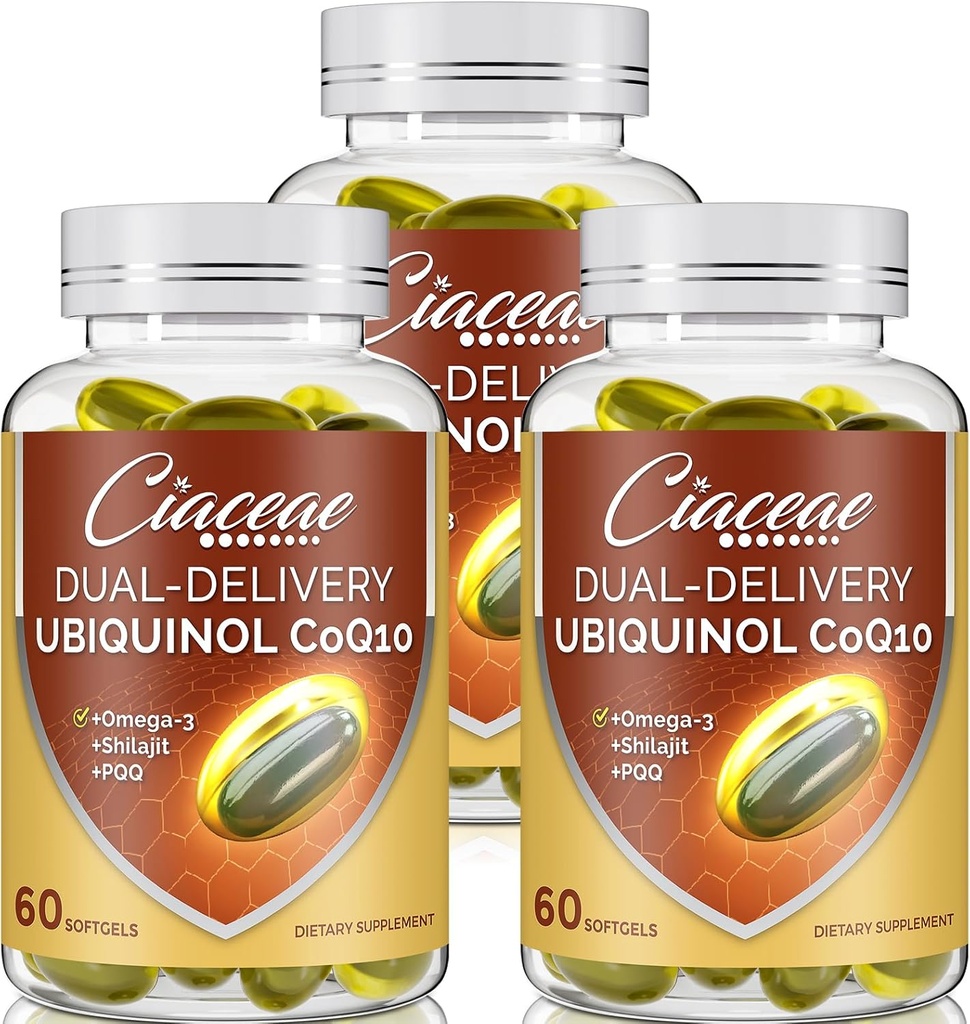 Ubiquinol CoQ10 600 MG Softgels con Omega-3 " Shilajit " PQQ, Coenzyme-Q10 avanzado, Active CoQ10 Ubiquinol Suplemento para Fertilidad, Antioxidante, Corazón, Cerebro &amp; Energía, 180 Servimientos