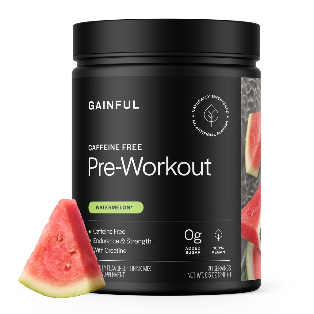 Gainful Caffeine Free Pre Workout Powder with Creatine, Watermelon Flavor, Supports Strength, Endurance, " Recovery, BCAAs, Beta Alanine, L-Citrulline, No Artificial Ingredients, 20 Servings