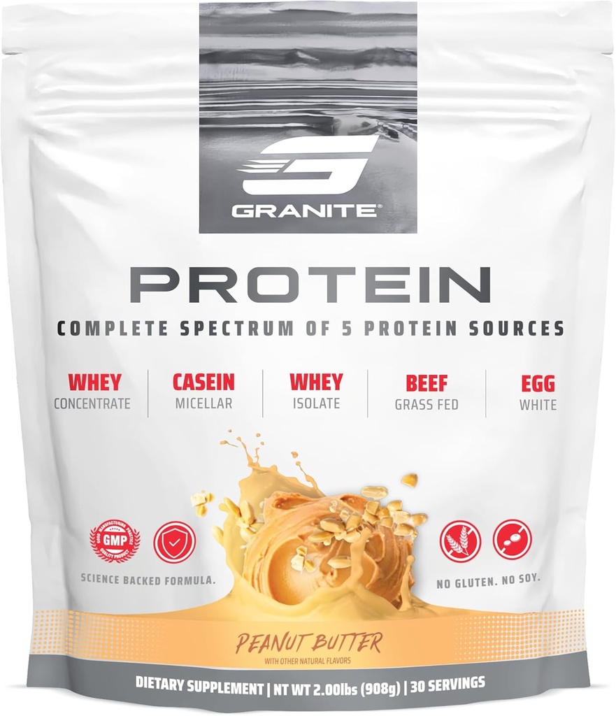 Granito de Nutrición Proteína Powder - Premium 5-Source Blend (Whey, Casein, Egg, Grass-Fed Beef) para Lean Muscle and Recovery - Peanut Butter Flavor, 30 Servimientos