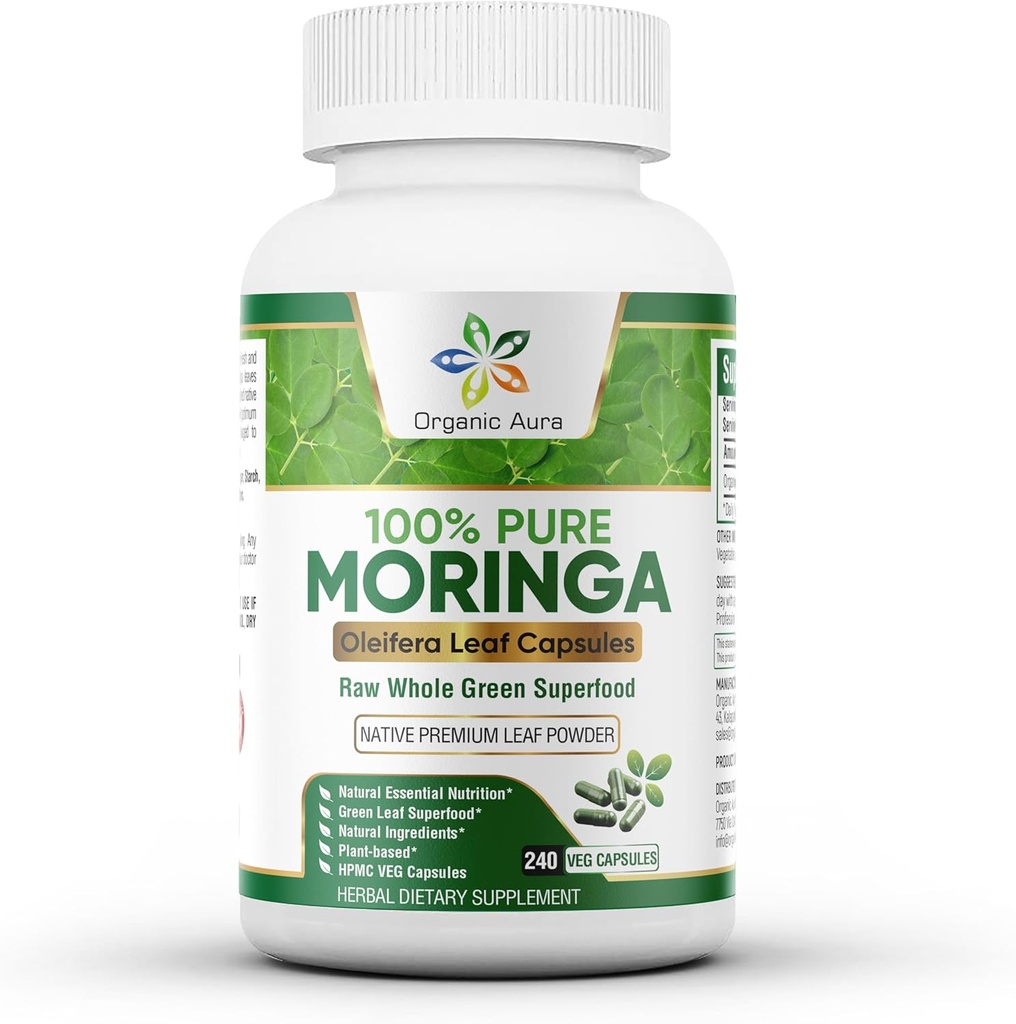 Organic Aura Moringa Capsules - 240 Ct Wholesale Pack. Authentic Raw Moringa Leaf Supplement for Energy, Metabolism, Lactation, Immunity & Joint Health. Whole Leaves Green Super Food Nutrition.
