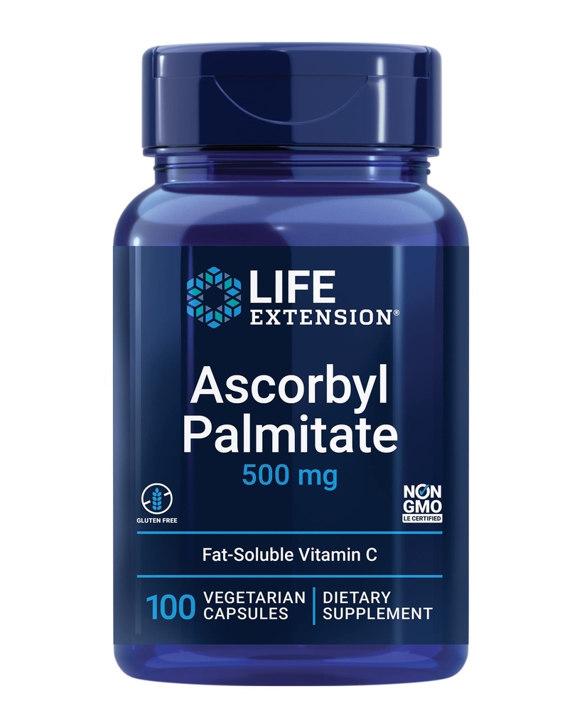Extensión de la vida Ascorbyl Palmitate 500mg – Fat-Soluble Vitamin C Suplemento para el soporte y la longevidad inmunes – Water-Soluble Gluten-Free, Non-GMO, Vegetarian – 100 cápsulas