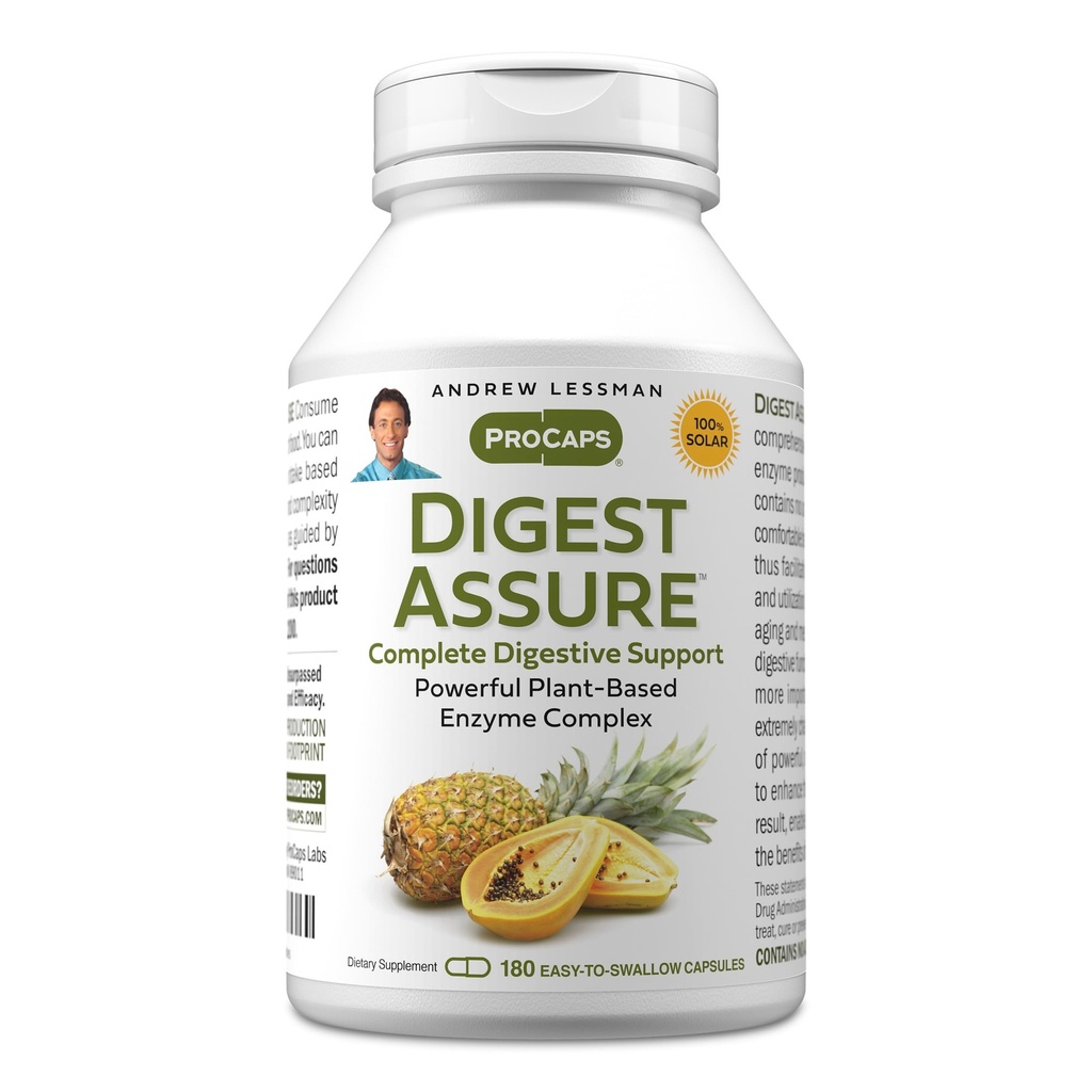 ANDREW LESSMAN Digest Assure 180 Capsules - Integral Blend of Powerful Natural Enzymes to Support and Enhance Digestive Health, Vegetarian-Sourced Enzymes, Small Easy to Swallow Capsules