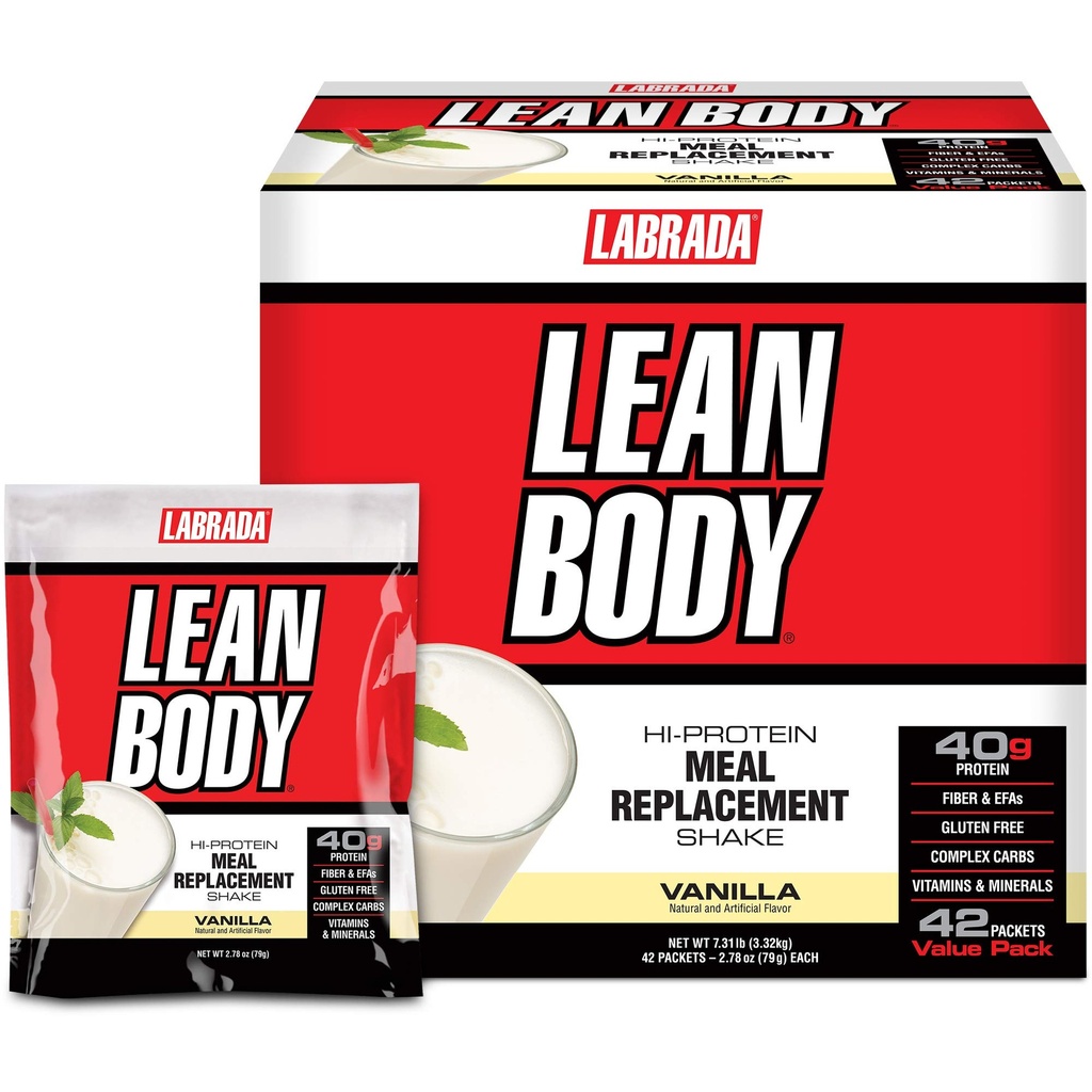 Labrada Lean Body MRP All-In-One Vanilla Meal Replacement Shake, 40g Protein, Whey Blend, 8g Grasas saludables Fiber de EFA, 22 Vitaminas y Minerales , Sin color artificial, Gluten Free, (42 Packets)