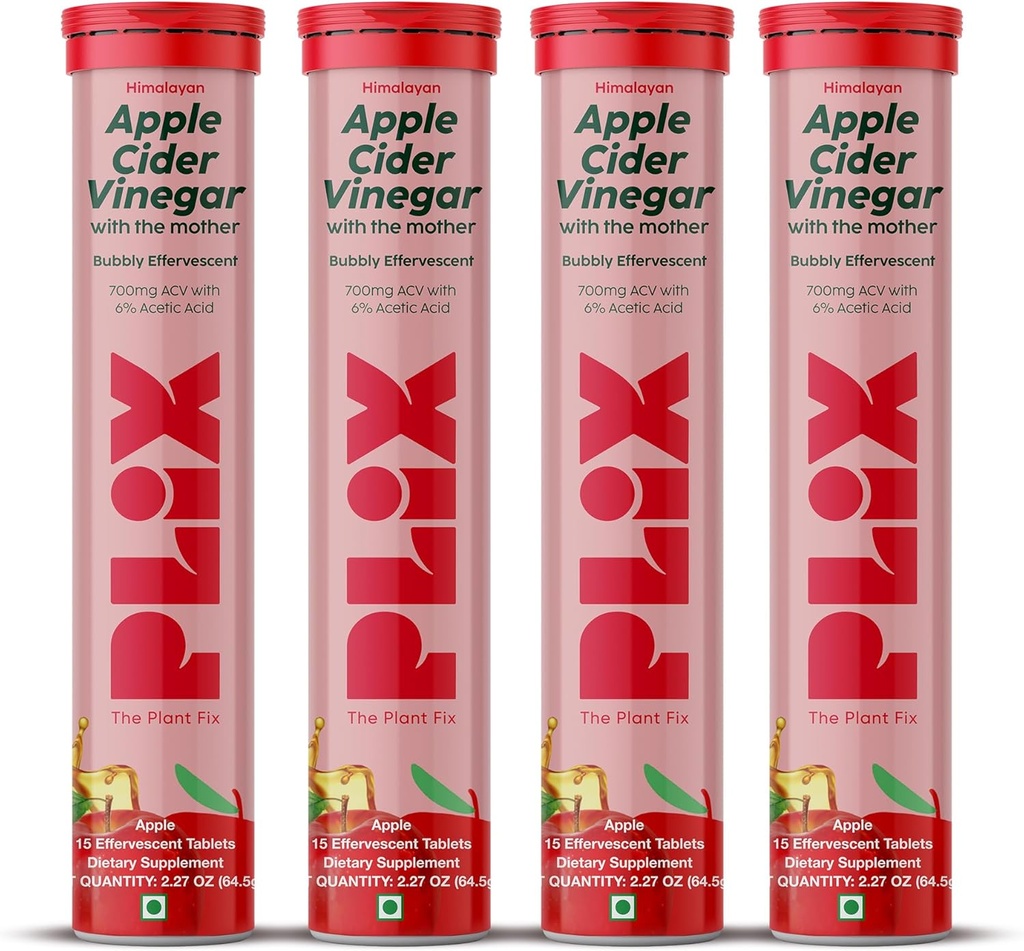 PLIX Manzana Vinagre Effervescent Tablets with La Madre, 700mg ACV con VIT B12, B6, Pack of 4 peru Vegan, No Añadido Sugar, No GMO &amp; Gluten-Free