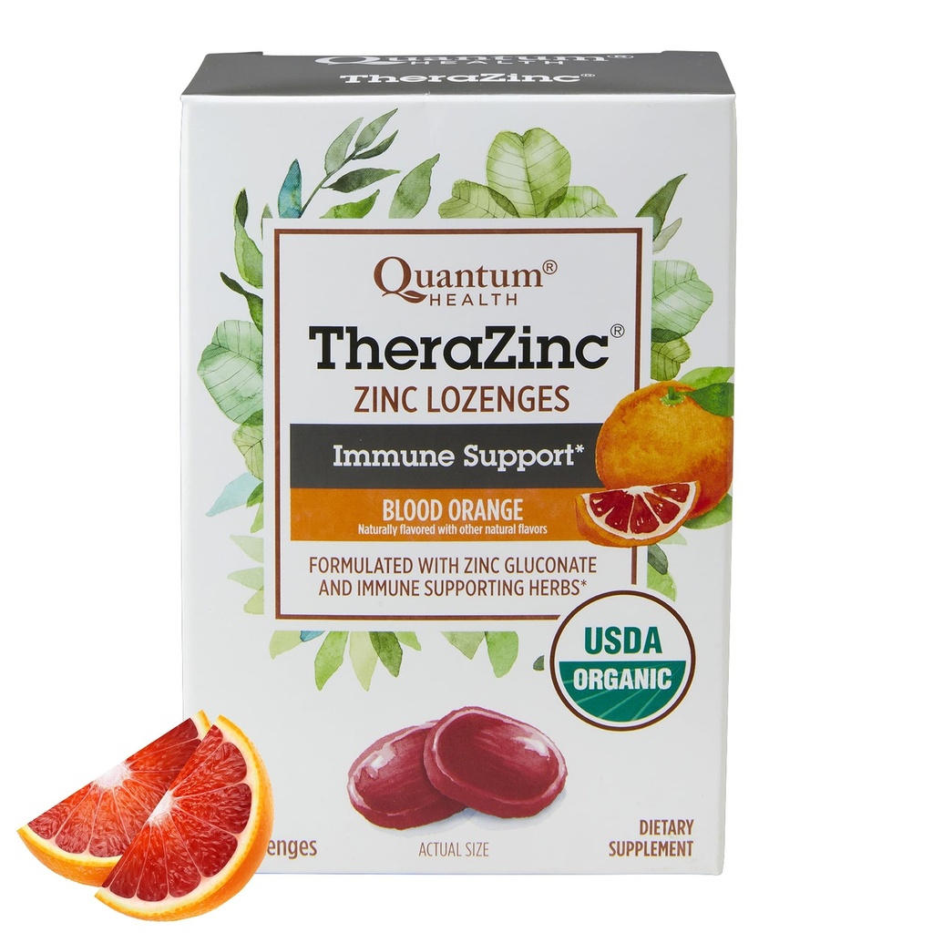 Quantum Health TheraZinc Organic Zinc Lozenges Echinacea &amp; Honey Immune Support for Adults &amp; Kids 12+ Naturalmente Flavored Blood Orange Fast Relief with Sin Aftertaste - 25 Conde
