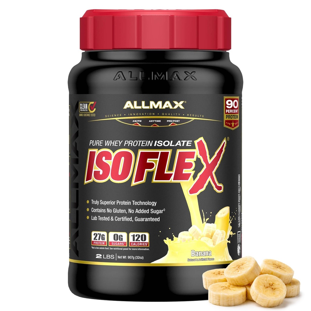 ALLMAX Nutrition ISOFLEX Whey Protein Isolate, Banana - 2 lb - 27 Gramos de Protein Por Scoop - Zero Fat & Sugar - 99% Lactose Free - Gluten Free &amp; Soy Free - Aproximadamente 30 Actuaciones