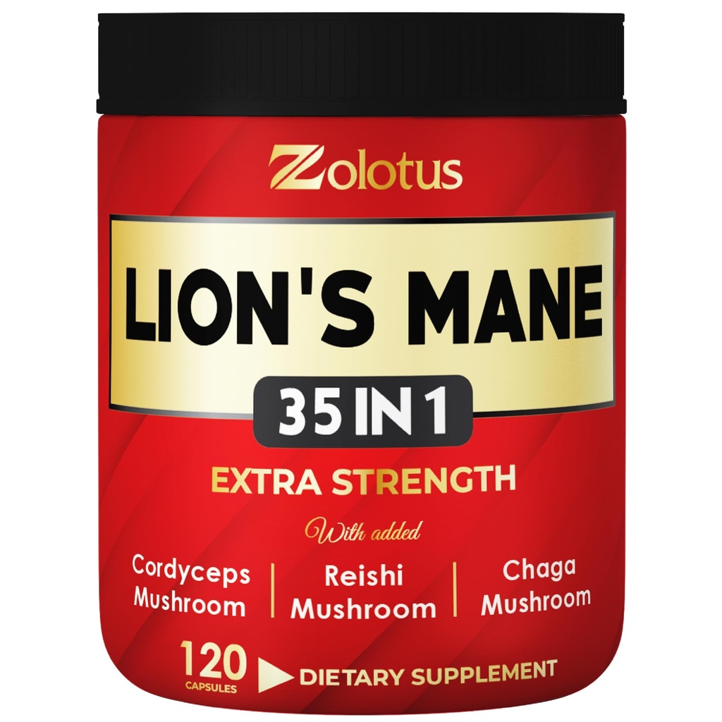 Zolotus 35 en 1 Lions Mane Mushroom Capsules Cordeyceps, Reishi, Elderberry, Ashwagandha, Panax Ginseng - 120 Conde