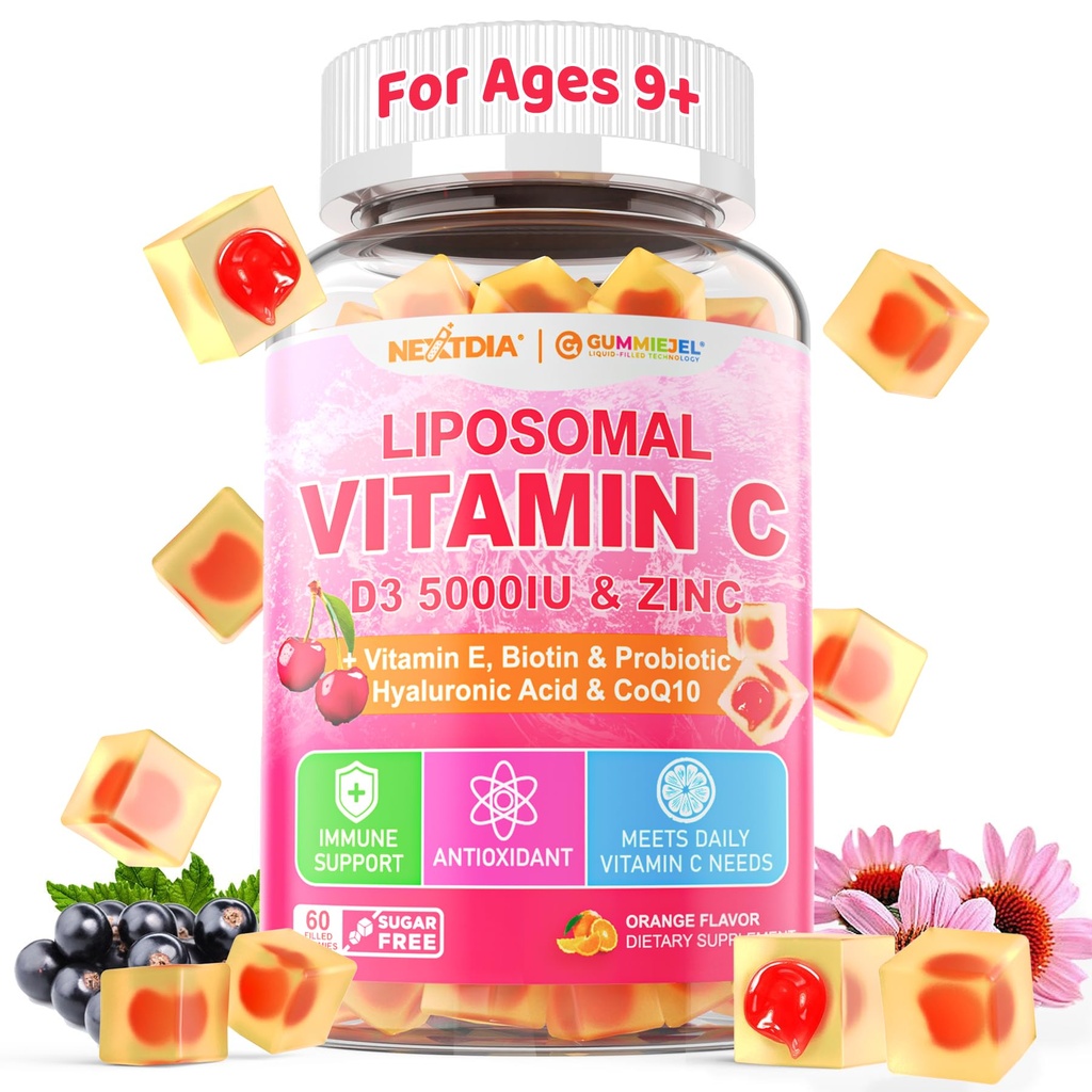 Liposomal Vitamina C 1000mg + D3 5000IU + Zinc Filled Gummies, Folate 800mcg Chewable Suplemento, Elderberry for Immune, Hyaluronic Acid, VE, for Beauty, Energy &amp; Global Health, Sugar Free, Natural