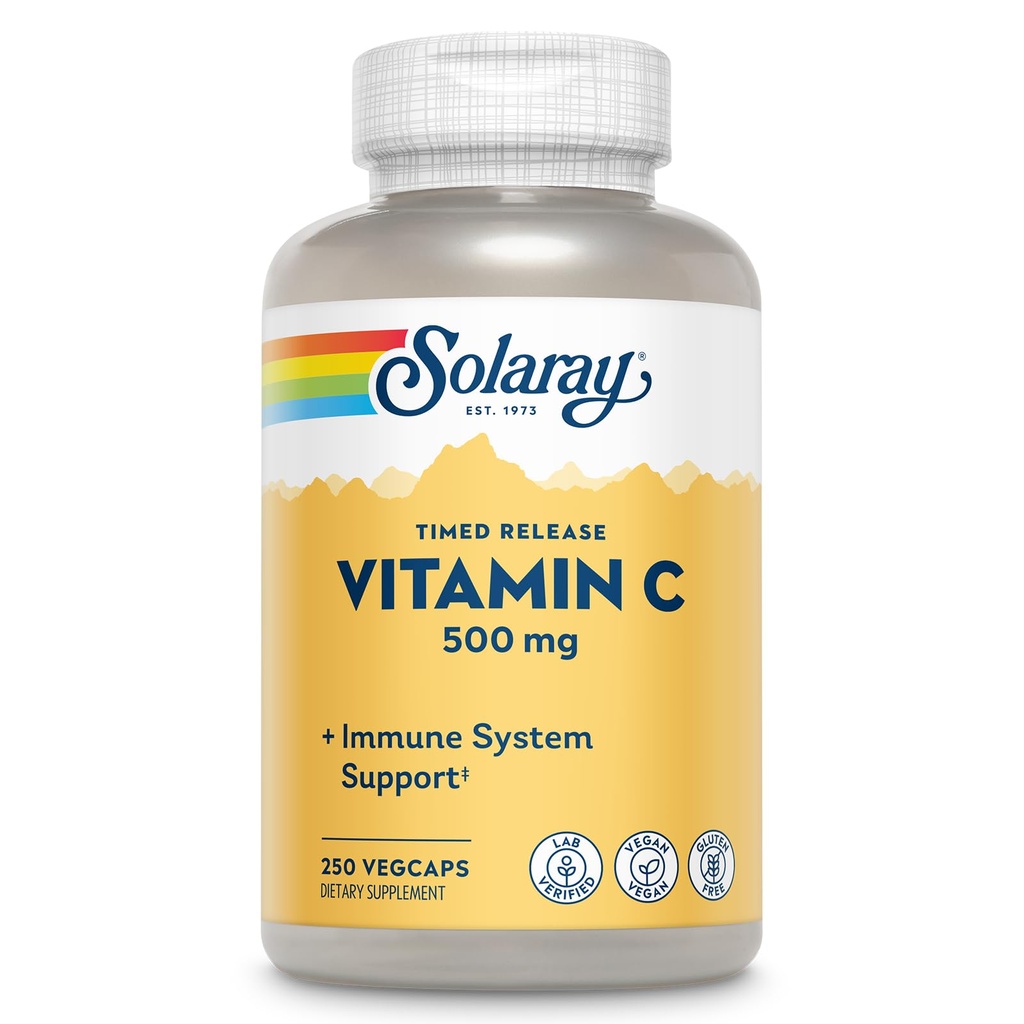 SOLARAY Vitamina C 500mg, lanzamiento de dos etapas - Antioxidante e Inmuno Apoyo Suplemento - Vitamina C con Rosa HIPS y Acerola, Vegan, Gluten Libre, Garantía de 60 días, 250 Servimientos, 250 VegCaps