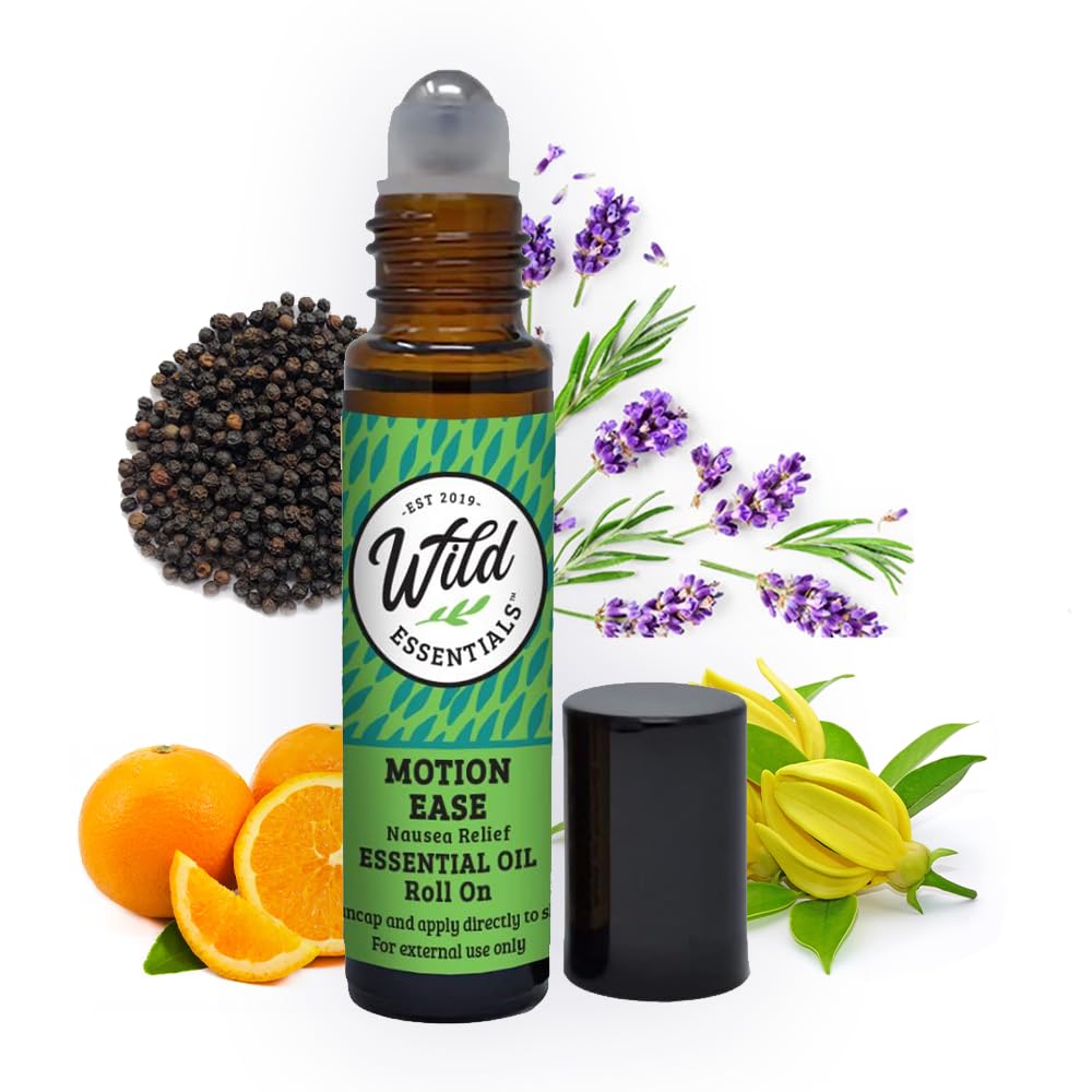 Esenciales Salvajes Motion Ease Esencial Aceite Roll On, 10ml Motion Sickness, Nausea, Upset Stomach, Vertigo, Dizzy, Seasick, Carsick, Made with Organic Jojoba Oil, Listo para usar, Moisturizer, All Natural