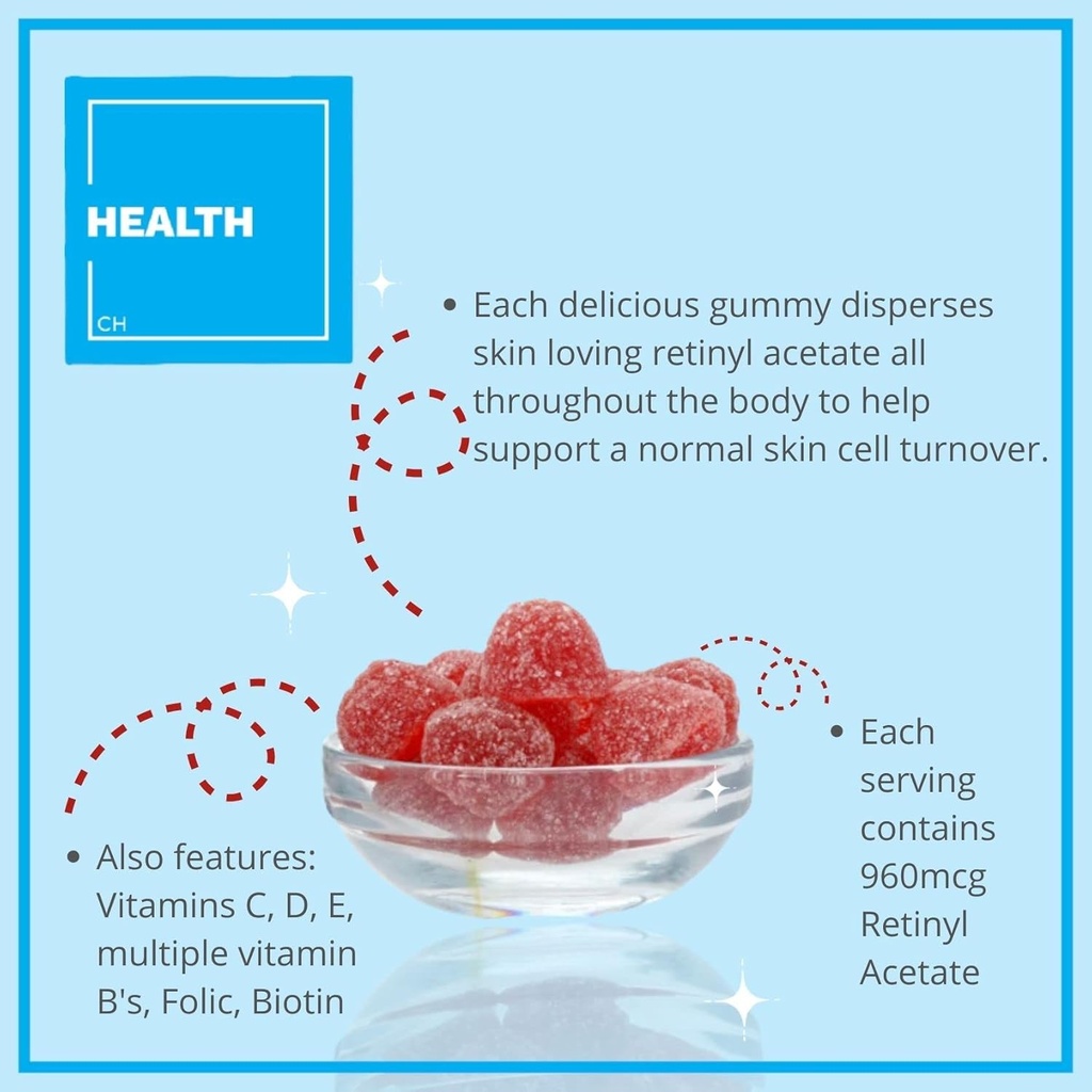 Consult Health Regenerol - Multivitamin Retinol Gummy - Anti-Aging Vitamin A Supplement - Glowing, Youthful & Clear Skin Strong Hair ' Nails - Vitamina B6, B12, C,D3, ácido fólico, Zinc - 60 Gummies