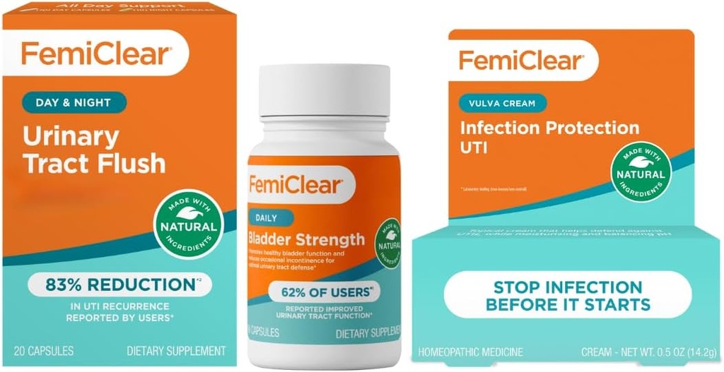 FemiClear - Day & Night Urinary Support - Suplemento de fuerza de la vejiga - Protección de infecciones Crema de la Vulva, Protección contra las infecciones de la tracto urinaria- Fabricado en EE.UU.