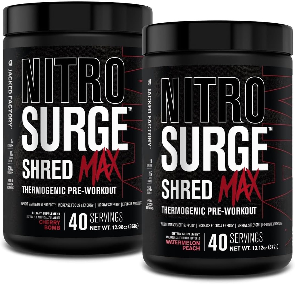 Jacked Factory Nitrosurge Shred Max Preworkout - High-Performance Thermogenic Pre Workout Powder with L Citrulline, Acetyl L Carnitine, Organic Caffeine - 80 Servings, Cherry Bomb &amp; Watermelon Peach