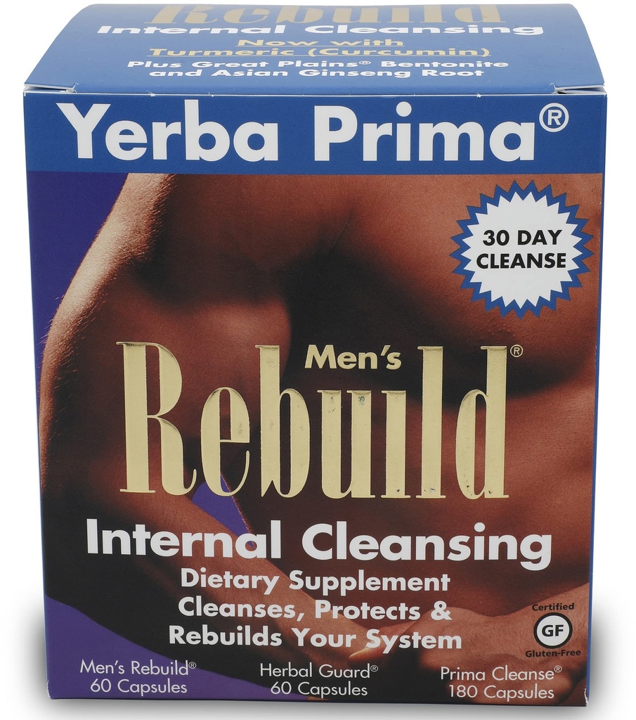 Yerba Prima Cleanse Men Rebuild Kit - 30 días Suplementos de limpieza interna diseñados para hombres - Prostata " Colon Health - Kidney " Liver - Natural Herbal Psyllium Fiber, Aloe Vera, Milk Thistle Seed