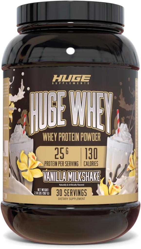 Huge Whey, Protein Powder for Muscle Gain, 25g Protein, 12g EAAs, soporta el crecimiento muscular, rendimiento & recuperación (Vanilla Milkshake, 30 Servimientos)