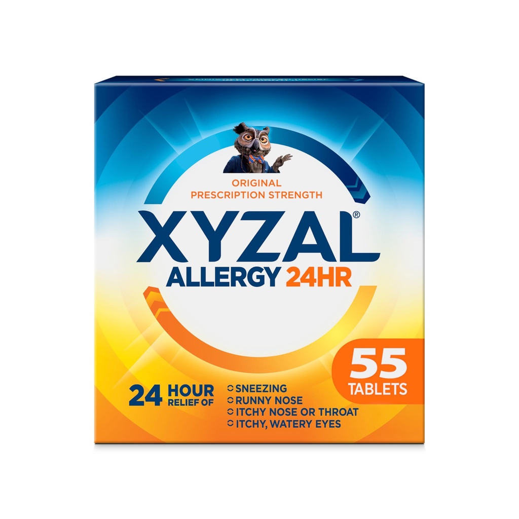 Medicamento de Alivio de la Alergia Xyzal 24 horas, Antihistamínico de Prescripción Original, Dihidrocloruro de Levocetirizina Tablas 5 mg, 55 Con