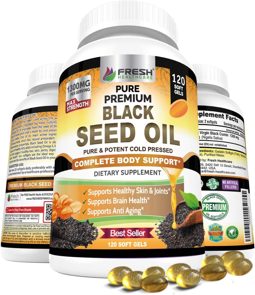 FRESH HEALTHCARE Black Seed Oil Capsules Cold Presionado 1300mg - 100% Puro No GMO Nigella Sativa - Immune & Joint Support - Premium Softgel Suplemento